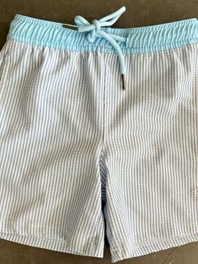 Light Blue Seersucker Kids Swim Trunks with Drawstring